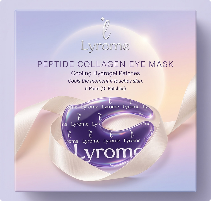 Lyrome Peptide Collagen Eye Mask retail box of five pairs of cooling hydrogel patches