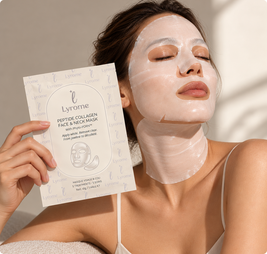Woman wearing the Lyrome Face and Neck Mask sheet across her face and neck