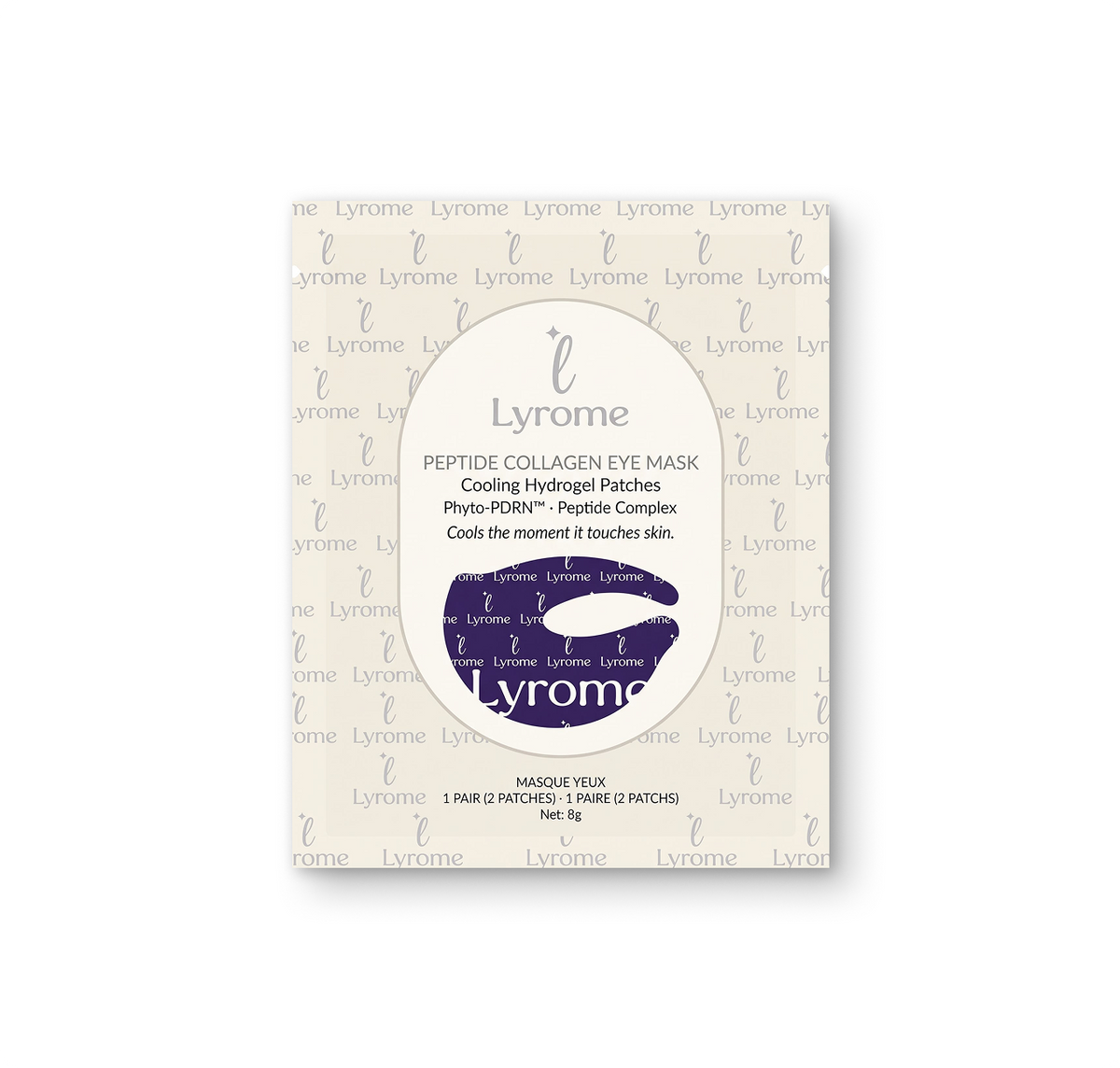 Lyrome Peptide Collagen Eye Mask sachet containing one pair of hydrogel patches